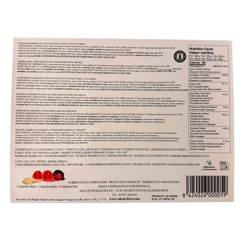 VALCORCHERO Bombones de cereza y chocolate negro, blanco y ruby capricho 105 g.