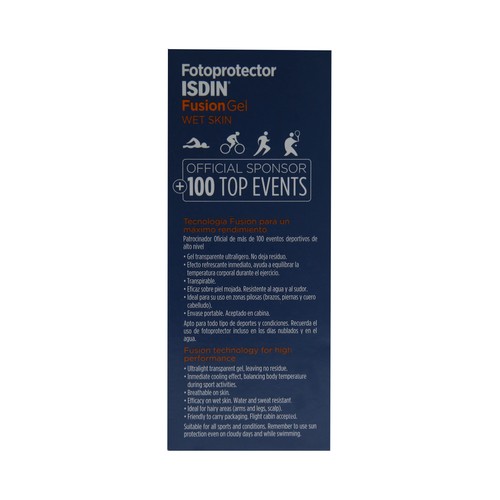 ISDIN Protector solar con textura gel, resistente al sudor y al agua con factor de protección 50+ (muy alta) ISDIN Fusión gel sport.