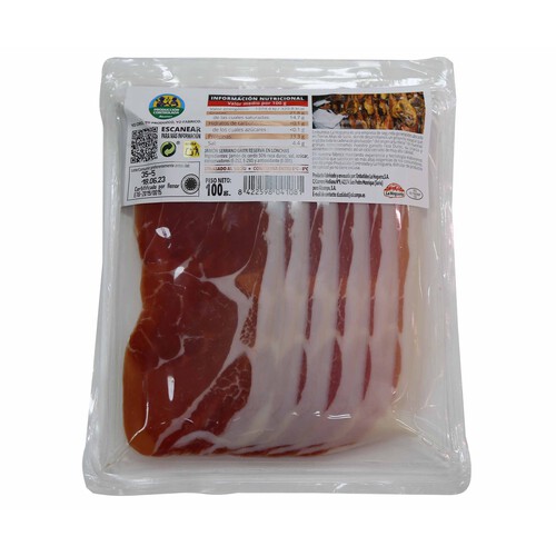 ALCAMPO CULTIVAMOS LO BUENO  Jamón gran reserva (50% raza Duroc), cortado en lonchas 100 g.