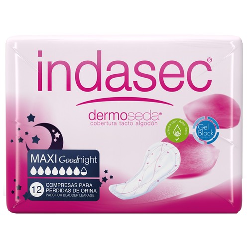 INDASEC Compresas de incontinencia maxi noche para pérdidas de orina severas INDASEC Dermoseda 12 uds.