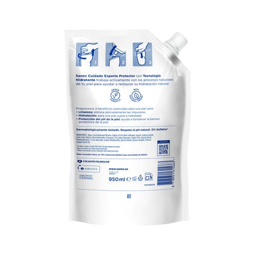 SANEX Cuidado experto protector Recambio de gel de ducha o baño probiótico, para todo tipo de pieles 950 ml.