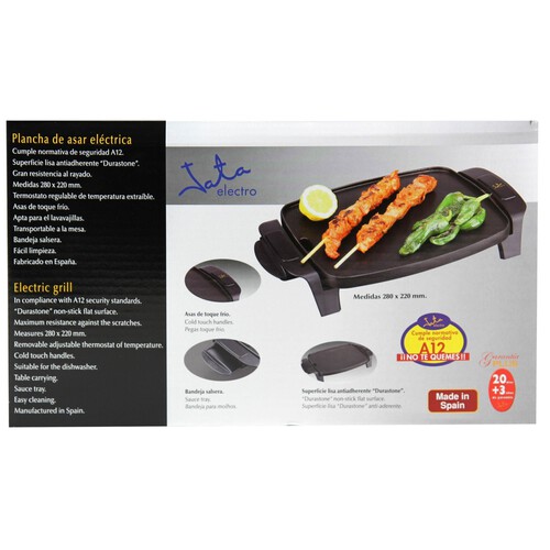Plancha de asar JATA GR205, 1000W, superficie 28 x 22 centímetros, termostato regulable extraible, asas de toque frío.