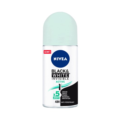 NIVEA Black & white invisible active  Desodorante roll-on para mujer, anti-manchas y eficaz hasta 48 horas 50 ml.