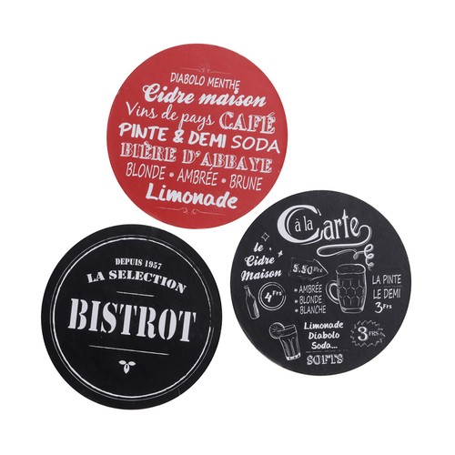Set de 4 posavasos color rojo o negro, BISTROT.