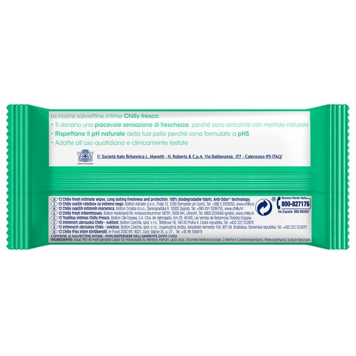 CHILLY Toallitas humedas biodegradables, para higiene intima, con pH5 y acción antiolor CHILLY Fresh 12 uds