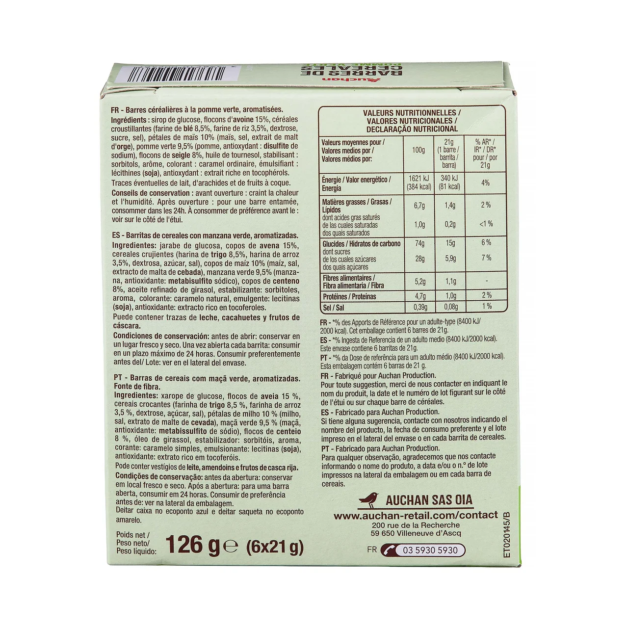 PRODUCTO ALCAMPO Cereales en barrita con trozos de manzana verde pack de 6 uds. de 21 gr.