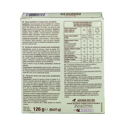 PRODUCTO ALCAMPO Cereales en barrita con trozos de manzana verde pack de 6 uds. de 21 gr.