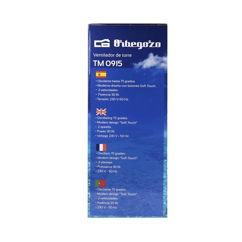 Ventilador de torre ORBEGOZO TM 0915, potencia 30W, 2 velocidades, oscilante, altura 38cm.