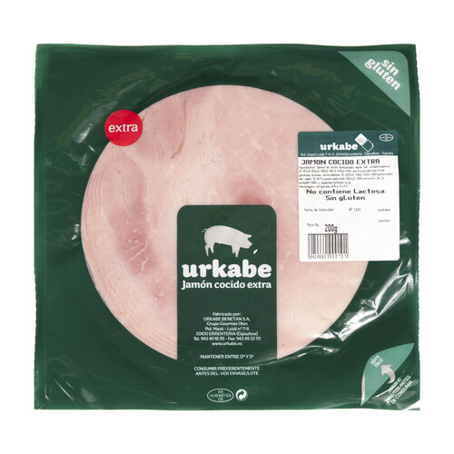 Jamón cocido extra, sin gluten y sin lactosa, cortado en lonchs URKABE 200 g.