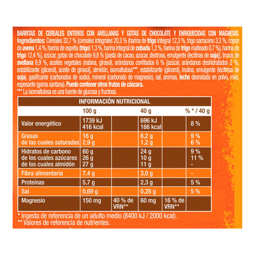 FONTANEDA Barritas de cereales con avellanas y gotas de chocolate enriquecidas con magnesio FONTANEDA 4 uds. x 40 g.