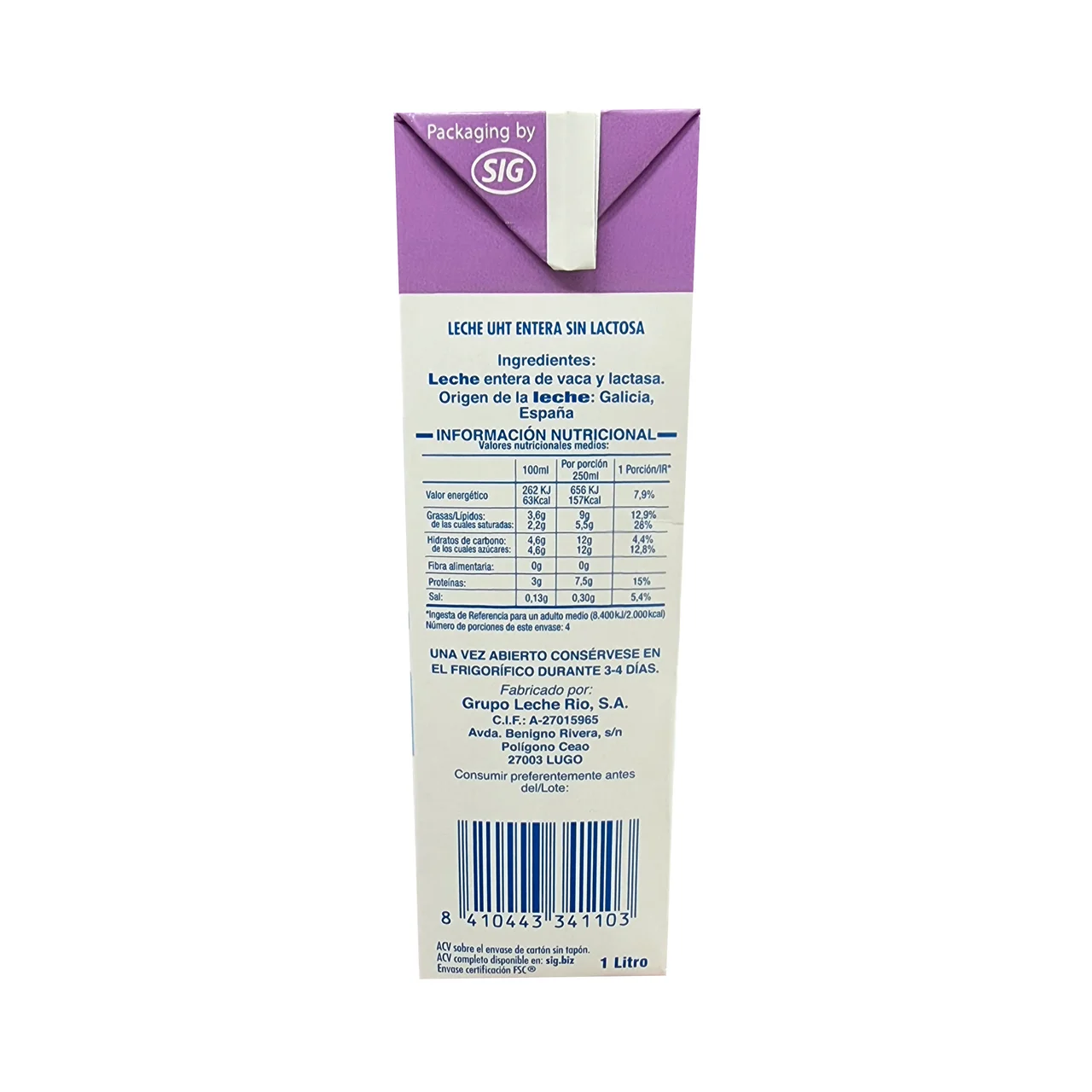 L.R. Leche entera de vaca, sin lactosa 1l.