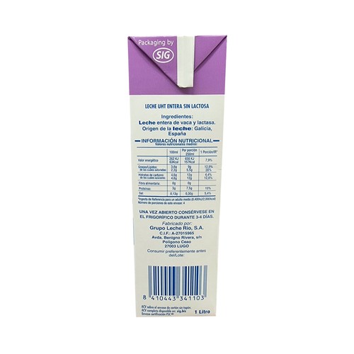 L.R. Leche entera de vaca, sin lactosa 1l.