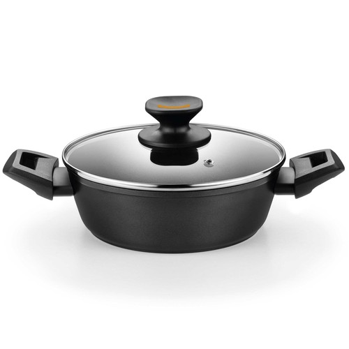 Cacerola baja de 28 cm, aluminio forjado, con tapa de vidrio, apta para fuego, MONIX