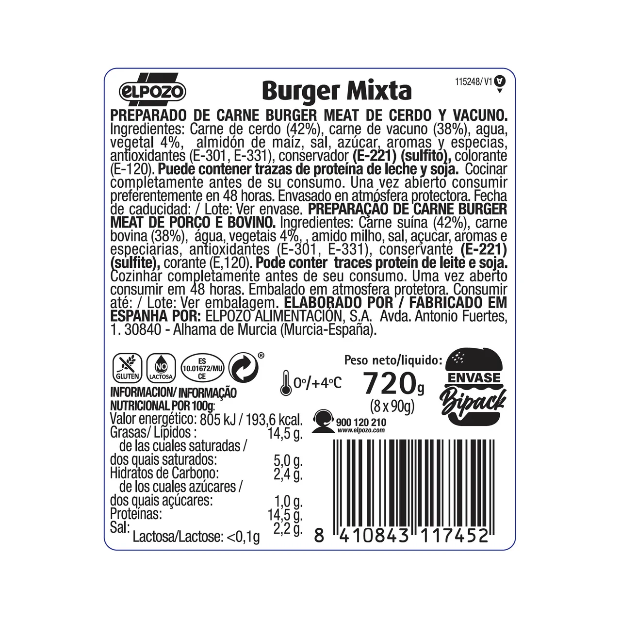 Bandeja con burger meat mixta (vacuno-cerdo) 8 x 90 g.