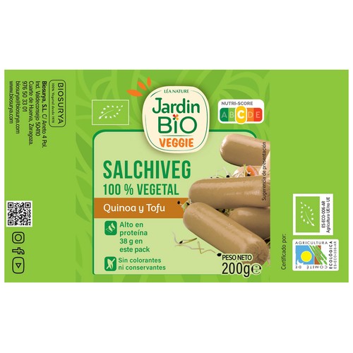 JARDÍN BIO Veggie Salchichas 100% vegetales ecológicas con tofu, quinoa y zanahoria 200 g.