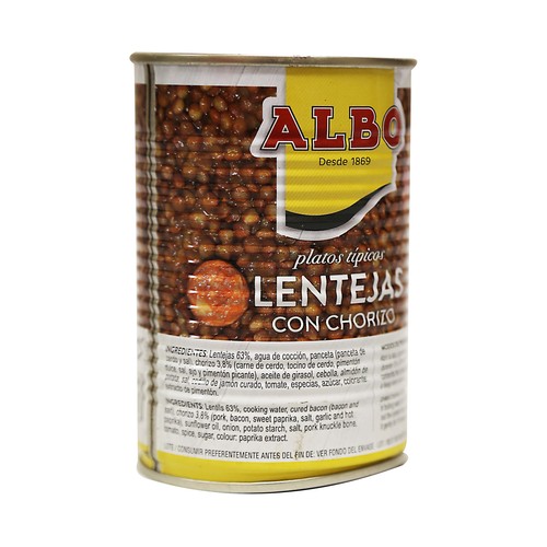 ALBO Lentejas con chorizo lata de 425 g.