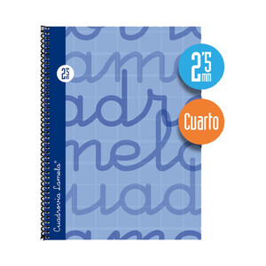 Cuaderno de espiral tamaño cuarto con 80 hojas de cuadrovía 2.5mm. Cubierta extra dura color azul. EDITORIAL LAMELA.