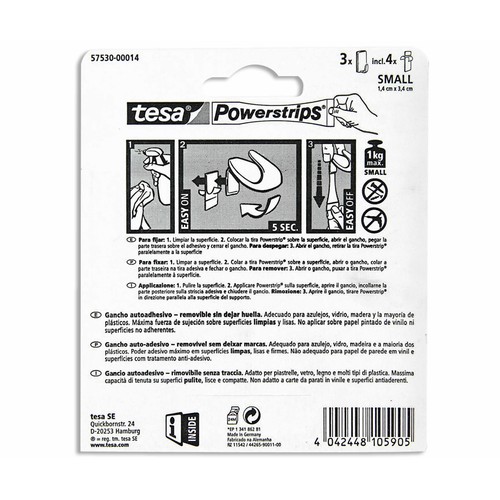 3 ganchos adhesivos blancos tamaño mini+ 4 tiras adhesivas TESA Powerstrip.