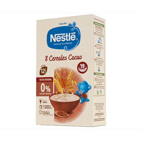 NESTLÉ Papilla de 8 cereales con cacao, sin azúcares añadidos, a partir de 12 meses 475 g.