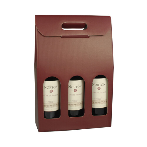 Cajas para botellas de vino con ventana 37,5 cm x 25 cm x 9 cm burdeos para 3 botellas. PAPSTAR.