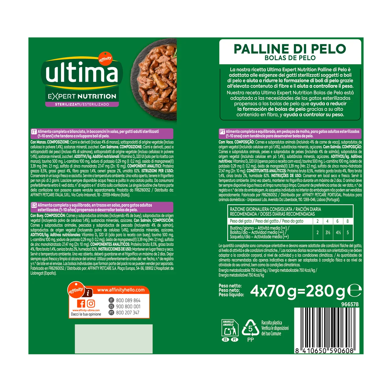 Expert nutrition Alimento para gatos adultos esterilizados (1-10 años) propensos desarrollo bolas de pelo 4 x 70 g.