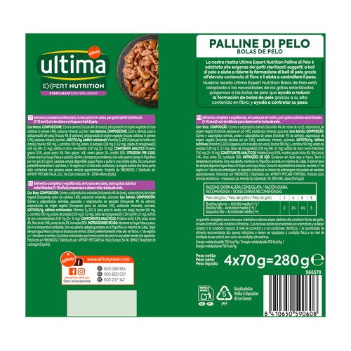 ULTIMA Expert nutrition Alimento para gatos adultos esterilizados (1-10 años) propensos desarrollo bolas de pelo 4 x 70 g.