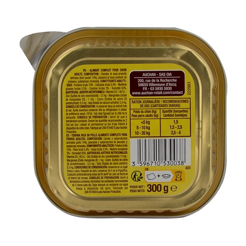 PRODUCTO ALCAMPO Alimento completo para perros adultos, rico en pollo y con cordero 300 g.