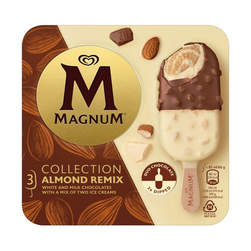 MAGNUM Almond remix Bombón almendrado con helado sabor almendra, recubierto de chocolate con leche y chocolate blanco 3 x 85 ml.