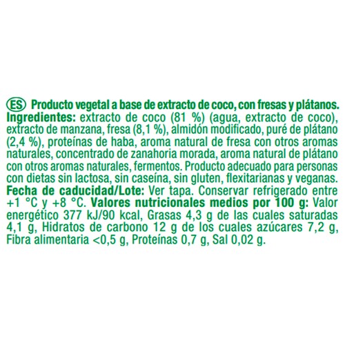 AUCHAN Producto vegetal de coco con fresa-platano sin azúcar 150 g. Producto Alcampo.