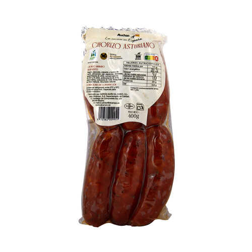 AUCHAN La cocina de España Chorizos Asturianos (ahumados), elaborados sin gluten 400 g. Producto Alcampo