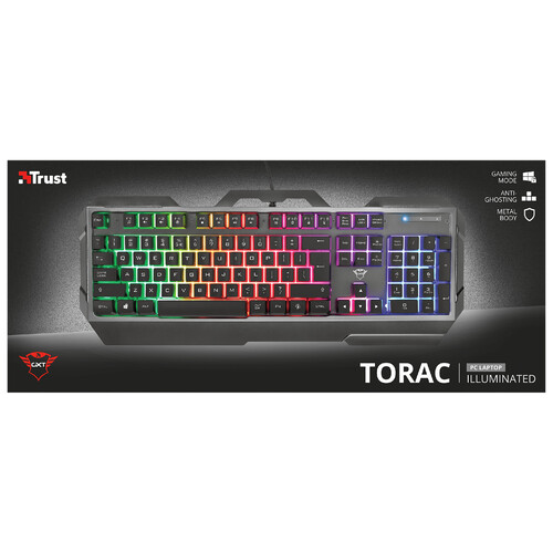 Teclado gaming TRUST GXT 856 Torac, placa superior metálica, iluminación multicolor, teclas multimedia, modo juego.