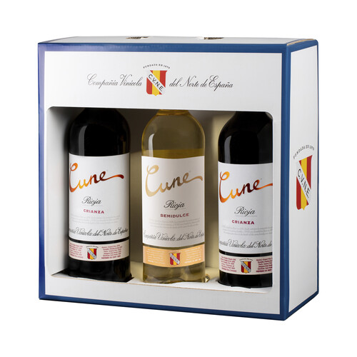 CUNE  Estuche con botellas (2) de vino tinto crianza y botella de vino blanco con DOC Rioja CUNE.