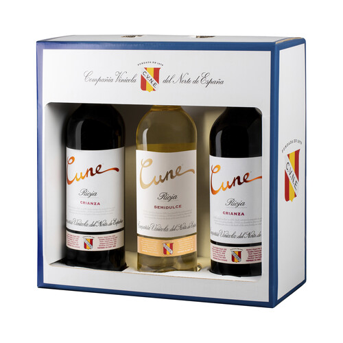 Estuche con botellas (2) de vino tinto crianza y botella de vino blanco con DOC Rioja CUNE.