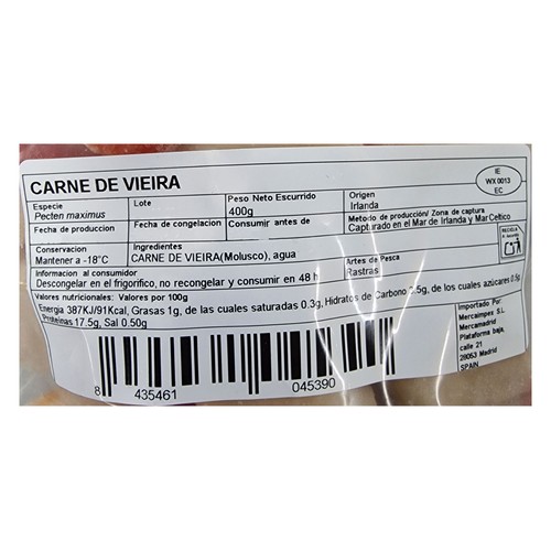 MERCAIMPEX Carne de vieira con coral y glaseo 20% congelado 500 g.