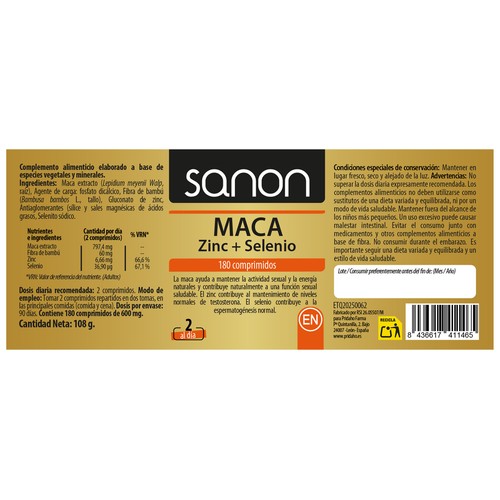 SANON Maca + zinc + selenio (complemento nutricional) 180 comprimidos.