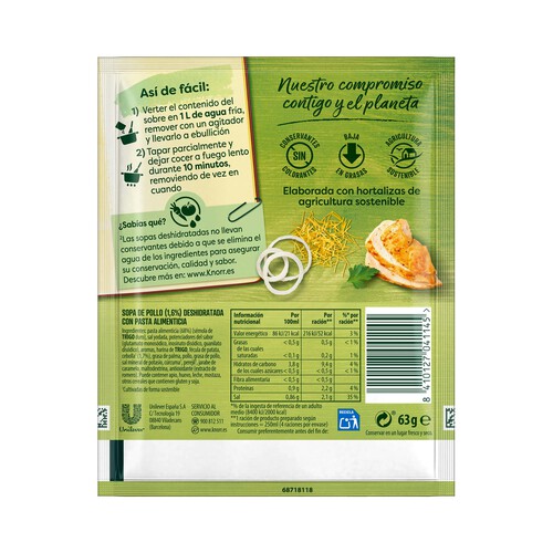 KNORR Sopa de pollo con fideos KNORR sobre de 63 g.