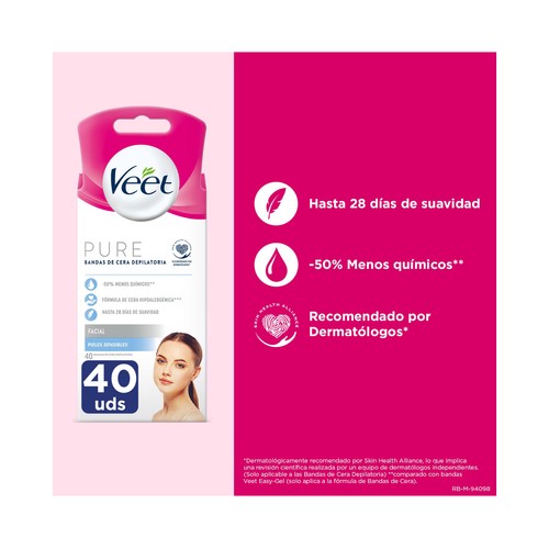 VEET Bandas de cera depilatoria facial para pieles sensibles VEET Pure 40 uds.