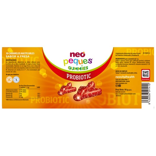NEO PEQUES Caramelos masticables (gummies) sabor fresa con probióticos y vitaminas B 30 uds.