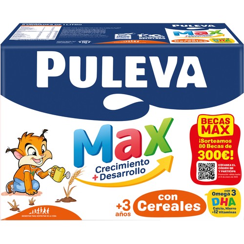PULEVA Max crecimiento + desarrollo Bebida láctea infantil, enriquecida con cereales, calcio, hierro, 12 vitaminas y Omega 3 6 x 1 l.