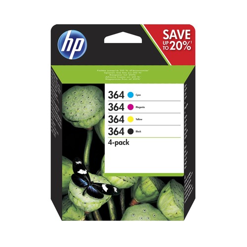 Pack de 4 cartuchos originales de tinta HP Nº364 N9J73AE, negro, cian, magenta y amarillo.