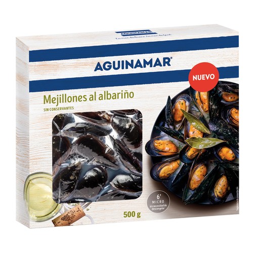 AGUINAMAR Mejillones enteros, cocidos con salsa al albariño AGUINAMAR 500 g.