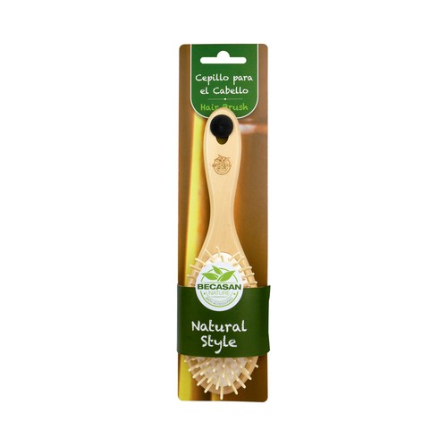 BECASAN NATURE Cepillo oval grande, para cabello, con púas flexibles de madera BECASAN NATURE Natural style.
