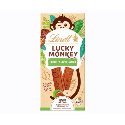 LINDT LUCKY MONKEY Chocolate con leche y avellana 100 gr.
