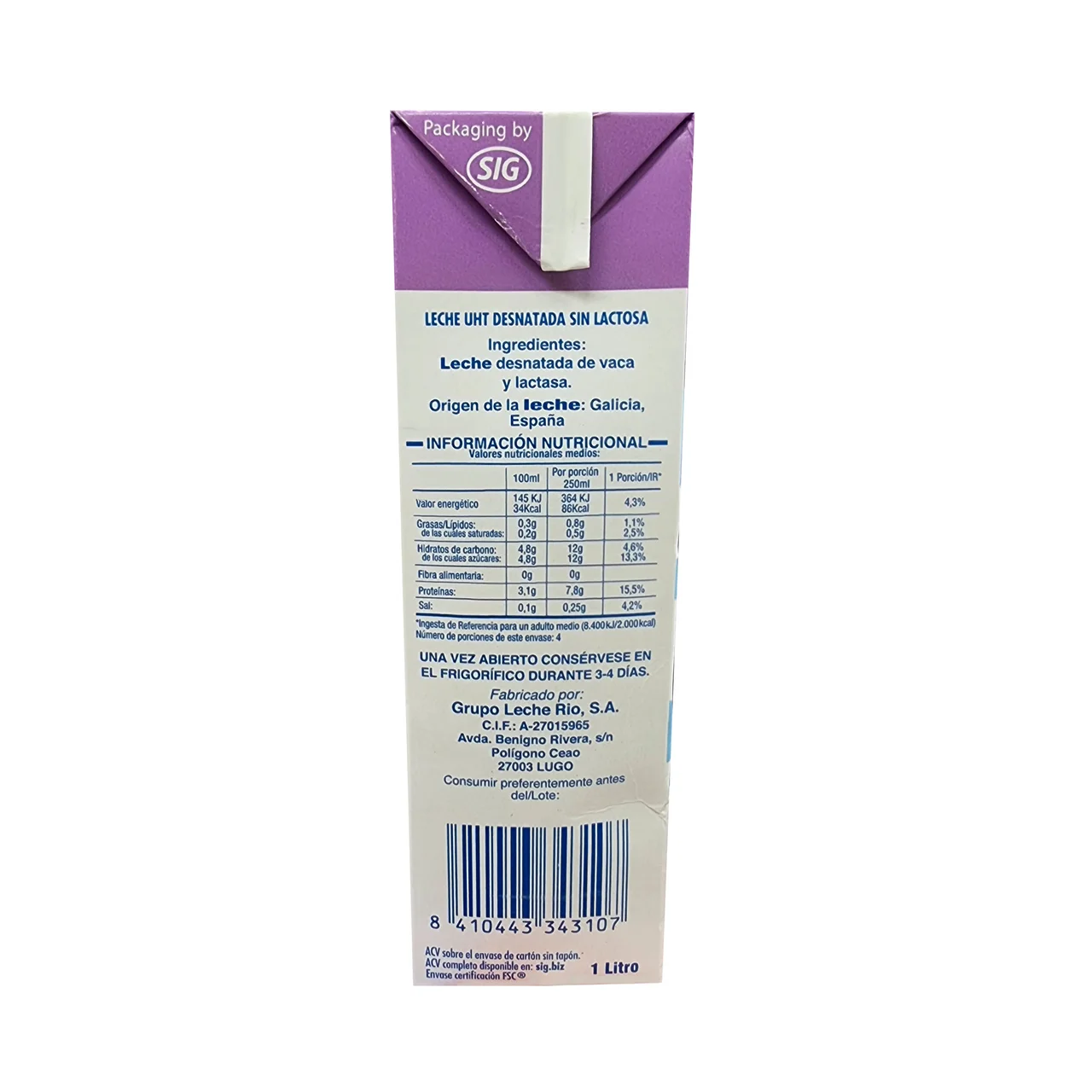 L.R. Leche desnatada de vaca, sin lactosa 1l.