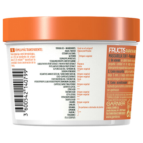 FRUCTIS Mascarilla capilar reparadora con papaya, para cabello dañado FRUCTIS Hair food de Garnier 390 ml.