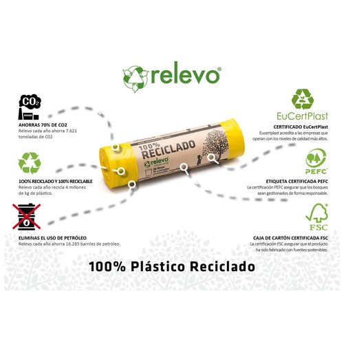 RELEVO Bolsa basura 100 % reciclada amarilla 30 l. 15 uds.