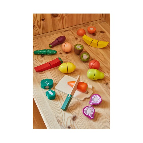 Cubo con 15 juguetes de comida de madera, ONE TWO FUN ALCAMPO.