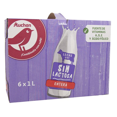 AUCHAN Leche entera de vaca, sin lactosa 6 x 1 l. Producto Alcampo