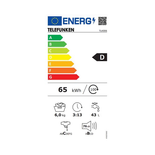 Lavadora TELEFUNKEN TLK006, 6KG, clasificación energética: D, 1000RPM, H: 84,5cm, A: 59,7, F: 49,7cm.