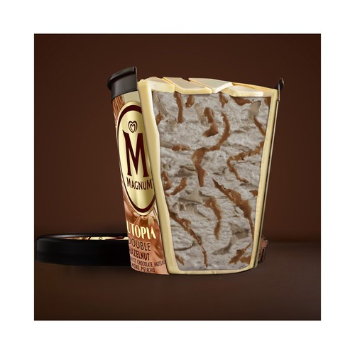 MAGNUM Utopia doble hazelnut de Frigo Tarrina helado de avellana, almendra y caramelo recubierto de chocolate blanco 440 ml.